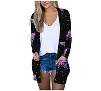 Cocila Women's Long Sleeve Open Front Cardigans Women Autumn Casual Butterflies Print Long Sleeve Pocket Open Front Cardigan Loose Midi Coat Teen Girls Outerwear Womens Cardigan Duster (Purple, L)