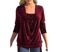 Cocila Women's Long Sleeve Tops Women'S Beaded Collision Color Long Sleeve Big Drop Collar Loose Draw Pleated Two Piece Top Women Top Pack (Red, XL)