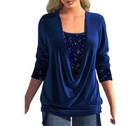 Cocila Women's Long Sleeve Tops Women'S Beaded Collision Color Long Sleeve Big Drop Collar Loose Draw Pleated Two Piece Top Women Top Pack (Blue, XXXXXL)