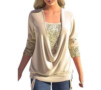 Cocila Women's Long Sleeve Tops Women'S Beaded Collision Color Long Sleeve Big Drop Collar Loose Draw Pleated Two Piece Top Women Top Pack (Khaki, M)