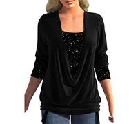 Cocila Women's Long Sleeve Tops Women'S Beaded Collision Color Long Sleeve Big Drop Collar Loose Draw Pleated Two Piece Top Women Top Pack (Black, XXL)