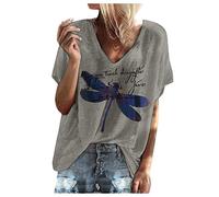 Cocila Women's Loose Short Sleeve Tops Fashion Summer Letter Print Dragonfly Pattern T-Shirt Casual Loose V-Neck Blouse Gray