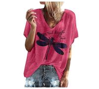 Cocila Women's Loose Short Sleeve Tops Fashion Summer Letter Print Dragonfly Pattern T-Shirt Casual Loose V-Neck Blouse Red