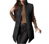 Cocila Women's Quilted Gilet Longline Jacket Sleeveless Down Vest Lightweight Body Warmer Padded Outerwear Ladies Autumn Winter Coat Cozy Zipper Waistcoat Hiking Sports Workout Black M