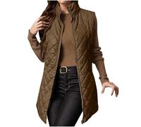Cocila Women's Quilted Gilet Longline Jacket Sleeveless Down Vest Lightweight Body Warmer Padded Outerwear Ladies Autumn Winter Coat Cozy Zipper Waistcoat Hiking Sports Workout Brown M