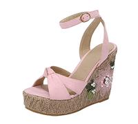 Cocila Womens Sandals Summer New Korean Edition Slope Heel Imitation Grass Weaving Thick Sole Water Proof Platform High Elevated For Women (Pink, 5) Ladies Size 6 Uk Wide Silver Heels Evening