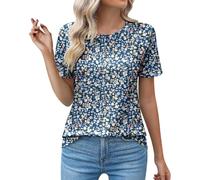 Cocila Womens Shirts and Blouse Sale Clearance Ruched Round Neck Blouse Tees for Women Solid Color Loose Short Sleeve Tops Summer Classic T-Shirt Casual Pleated Ladies Tunic Tops