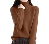 Cocila Womens Sweaters Turtle Neck Knitted Autumn Solid Color Long Sleeve Pullover Sweater Lightweight Breathable Stretch Oversized Fall Jumpers Slim Fit Basic Soft Sweaters Brown XL