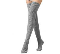 Cocila Women'S Thigh High Socks Cable Knit Winter Boot Over The Knee Extra Long Leg Tights With Garter (Grey, One Size) Welly Thick Ankle Cream Women Black Running Diabetic Womens Grip Ladies