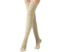 Cocila Women'S Thigh High Socks Cable Knit Winter Boot Over The Knee Extra Long Leg Tights With Garter (Khaki, One Size) Thick Women Womens Trainer Size 4-7 Ankle 6-8 Cotton & No Show White Hot
