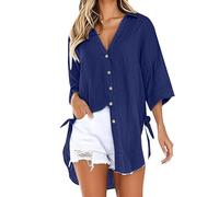 Cocila Womens Tops Button Down Shirt Women 3/4 Sleeve Oversized Shirts High Summer Beach Blouses Trendy (Navy, XL) Tee for UK Women's & Cotton Denim Size 16 Yours Clothing Sports V Neck T Men
