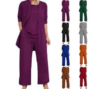 Cocila Women's Trendy 3 Piece Set Long Sleeve Cardigan Sleeveless Top & Wide Leg Pants Casual Sweatsuit Outfits Female Formal Pants (Purple, XXXL)