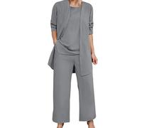 Cocila Women's Trendy 3 Piece Set Long Sleeve Cardigan Sleeveless Top & Wide Leg Pants Casual Sweatsuit Outfits Female Formal Pants (Grey, XXXXL)