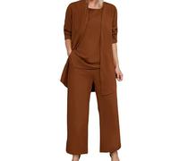 Cocila Women's Trendy 3 Piece Set Long Sleeve Cardigan Sleeveless Top & Wide Leg Pants Casual Sweatsuit Outfits Female Formal Pants (Brown, M)