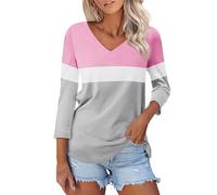 Cocila Women's V Neck 3/4 Sleeve Tops Color Block/Solid Shirts Basic Summer Tees Casual Plus Size Ladies Tunic Plain Work Top Outerwear Simple Blouse for Women