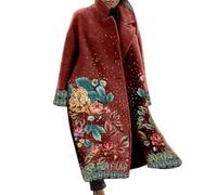 Cocila Women's Winter Coat Long Overcoat Print Trench Thermal Warm Heated Double Breasted Lapel Windproof Outerwear Sleeve Fall Green Oversized Street Jacket Wool Blend (Red, XXL) Ladies Leather