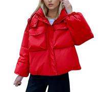 Cocila Women's Winter Korean Solid Color Windproof Double Side Large Pocket Hooded Short Padded Jacket Women Down with Hood (Red, S) Rain Coats for Ladies Waterproof Jackets Long Quilted Womens