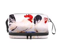 Cock and Hen Standing on a Wall Double Layer Cosmetic Bag for Women and Girls, Travel Toiletry Bag Makeup Handy Pouch Organiser Bag with Brush Compartment