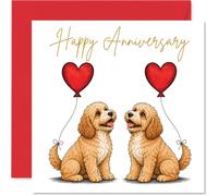 Cockapoo Anniversary Card - Adorably Waggy Celebration - Two Fluffy Puppies with Heart Balloons and Gold Script - 145mm Square, Envelope Included