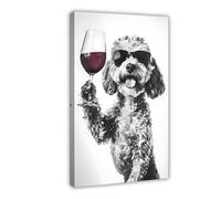 Cockapoo Dog Drinking Wine & Wearing Sunglasses, Funny Kitchen, Dog Lover Humor, Dining Room, Wine Lovers, Canvas Poster Wall Art Bedroom Decor Office Room Kitchen Decor Gift 16x24inch(40x60cm)