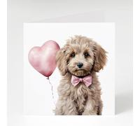 Cockapoo with pink heart balloon, Valentine or birthday card, Square, 148cm with Envelope