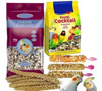 Cockatiel Food Bundle - Mix 1kg, Frutti Cocktail 250g, Treats Sticks x3, Millet Spray x6