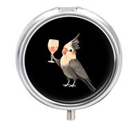 Cockatiel with Wine Portable Pill Organizer with 3 Compartments Round Medicine Box Compact Travel Pharmacy Case