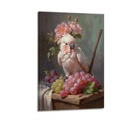 Cockatoo with Grapes Wall Art, Classical Oil - Painting Print, Animal Poster, Vintage Canvas Picture, Charming Decor for Living Room Bedroom Study Artistic Wall Mural Modern Hanging Decor Poster20x30i