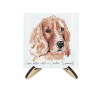 Cocker Spaniel Coaster Set - Life's Better With a Dog Gift - Square Glass Set of Four (4) Coasters & Wood-Effect Stand
