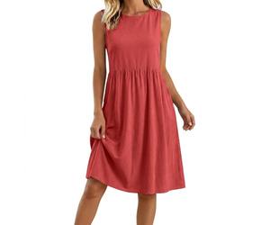Cocktail Dresses for Over 50s Summer Dresses for Women UK Round Neck Sleeveless Beach Boho A Line Midi Dress Vacation Casual Cotton Linen Holiday Party Evening Sundress with Pockets Knee Length