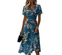 Cocktail Dresses for Women Ladies Summer Dresses, Women's Vintage Floral Printed V Neck Short Sleeve Midi Dress Flowy Swing A-Line Beach Evening Over 50 UK Sundress