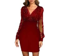 Cocktail Dresses For Women Sequin Sparkly Glitter Party Dresses Women's Contrast V-Neck Mesh Long Sleeve Sexy Slim Dress Retro Elegant Club Evening Dress Cocktail Prom Christmas Party Clothing
