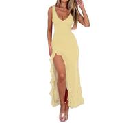 Cocktail Dresses for Women Sexy V Neck Ruffled Slit Summer Dress Formal Slim Elegant Suspender Party Long Dresses Yellow