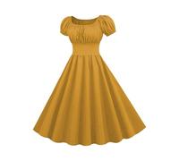 Cocktail Dresses for Women UK 1950s Vintage Rockabilly Dresses Puff Short Sleeve Square Neck Solid Swing Dress Womens Prom Party 50s 60s Cocktail Dress A Line Cosplay Outfits Yellow