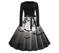 cocktail dresses for women uk Halloween Costumes Women's Ghost/Bat/Pumpkin/Castle Print Vintage Rockabilly Swing Dress Cocktail Prom Party Elegant A Line Dress Round Neck Long Sleeve Casual Wear