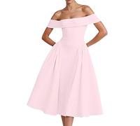 Cocktail Dresses Women's Elegant for Wedding Off Shoulder Sexy Dress Pleated Knee-Length Bridesmaid Dresses Plain A-line Evening Party Midi Dress Prom Dress Formal Party Dress, pink, XL