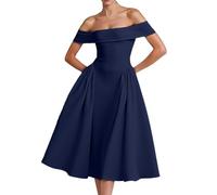 Cocktail Dresses Women's Elegant for Wedding Off Shoulder Sexy Dress Pleated Knee-Length Bridesmaid Dresses Plain A-line Evening Party Midi Dress Prom Dress Formal Party Dress, navy, M