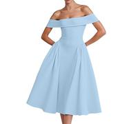 Cocktail Dresses Women's Elegant for Wedding Off Shoulder Sexy Dress Pleated Knee-Length Bridesmaid Dresses Plain A-line Evening Party Midi Dress Prom Dress Formal Party Dress, lightblue, S
