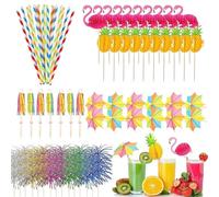 Cocktail Drinks Decorations Accessories Including Umbrellas Stirrers Reuseable Paper Straws Sparkler Sticks Pineapple Stirrers Flamingo Stirrers for Beach Birthday Festival Tropical Summer Pool Party