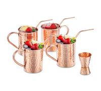 Cocktail Drinkware Bundle - Classic Pure Copper Set of 04 Cylinder Mugs with 04 EcoSip Reusable Solid Copper Straws (8-inch Long) and 01 Elite Precision Jigger.