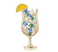 Cocktail Glass Brooch Pin Crystal Rhinestone Drink Lapel Pin Enamel Lemon Slice Goblet Brooch Summer Party Jewelry for Women