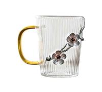 Cocktail Glasses 8.8Oz Clear Borosilicate Glass Coffee Mug with Handle, Vertical Striped Drinking with Tin Plum Blossom Decoration
