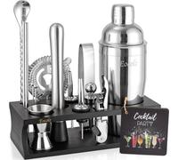 Cocktail Making Set, Shaker 750 Ml Stainless Steel Bar Tool Bartender Kit With Bamboo Display Stand For Home & (Black Silver - 17