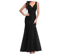 Cocktail Party Dress for Women UK - Elegant V Neck Sleeveless Maxi Evening Formal Gown - Ladies Embroidered Floral Lace Mesh Bridesmaid Floor Length Bandage Prom Ball Dress