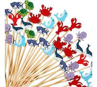 Cocktail Picks Bamboo Cocktail Toothpicks Dolphin Octopus Shark Fish Assorted Food Appetizers Picks for Under The Sea Ocean Beach Themed Birthday Baby Shower Party Supplies Cake Decor (100)