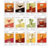 Cocktail Prints Set of 12, A5 Size Wall Art Pictures Including Aperol Spritz, Margarita, Mojito for Living Room, Kitchen and Bar, Frames Not Included, The Perfect Cocktail Gift