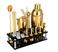 Cocktail Shaker Set, 23 PCS Stainless Steel Bartender Kit with Acrylic Stand & Cocktail Recipes Booklet, Professional Bar Tools for Drink Mixing, Home, Bar, Party (Gold, 25oz)