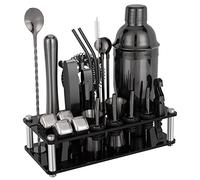 Cocktail Shaker Set, 23 PCS Stainless Steel Bartender Kit with Acrylic Stand & Cocktail Recipes Booklet, Professional Bar Tools for Drink Mixing, Home, Bar, Party (Black, 25oz)
