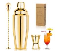 Cocktail Shaker Set 750 ml Cocktail Making Kit 3Pcs with Cocktail Shaker, Measuring Jigger and Mixing Spoon - Professional 18/8 Stainless Steel Cocktail Kit Bar Tools for Mixed Drinks, Gold
