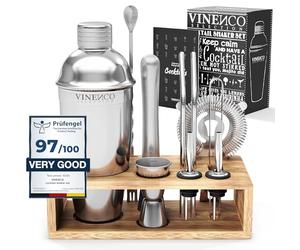 Cocktail Shaker Set Manhattan with Stand + Recipes | Premium Stainless Steel Bar Kit: Strainer Double Jigger Mixing Spoon | Pro Bartender Making Drinks Mojito Gin Tonic Maker Party, Gift Box Women Men
